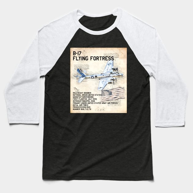 B-17 Flying Fortress Aeroplane Aircraft USAF Plane Baseball T-Shirt by BeesTeez